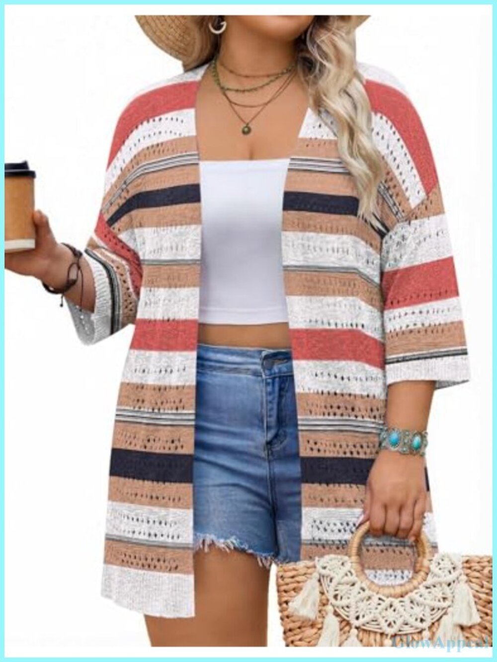 Plus Size Crochet Knit Cardigan 3/4 Sleeve V-Neck Open Front Boho Beach Coverup